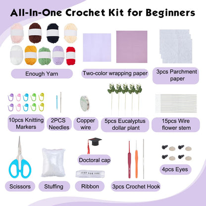 ORIGACH DIY Crochet Graduation Bouquet with Personalized Doll Kit for Beginner Adults Handmade Crochet Sunflower Bouquet & Graduate Girl Doll for Graduation Gift, Teacher Appreciation Gifts