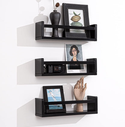 16 Inch Set 3 AZSKY Black Nursery Shelves of Wooden Floating Wall Bookshelf for Kids Nursery Shelves for Wall,Bathroom
