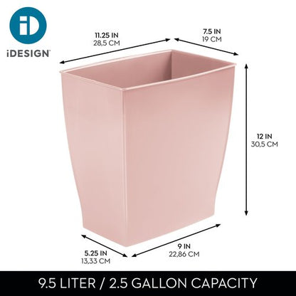 iDesign Small Plastic Bathroom Trash Can, Slim Rectangle Garbage Bin for Bedroom, Office, Dorm, Pink