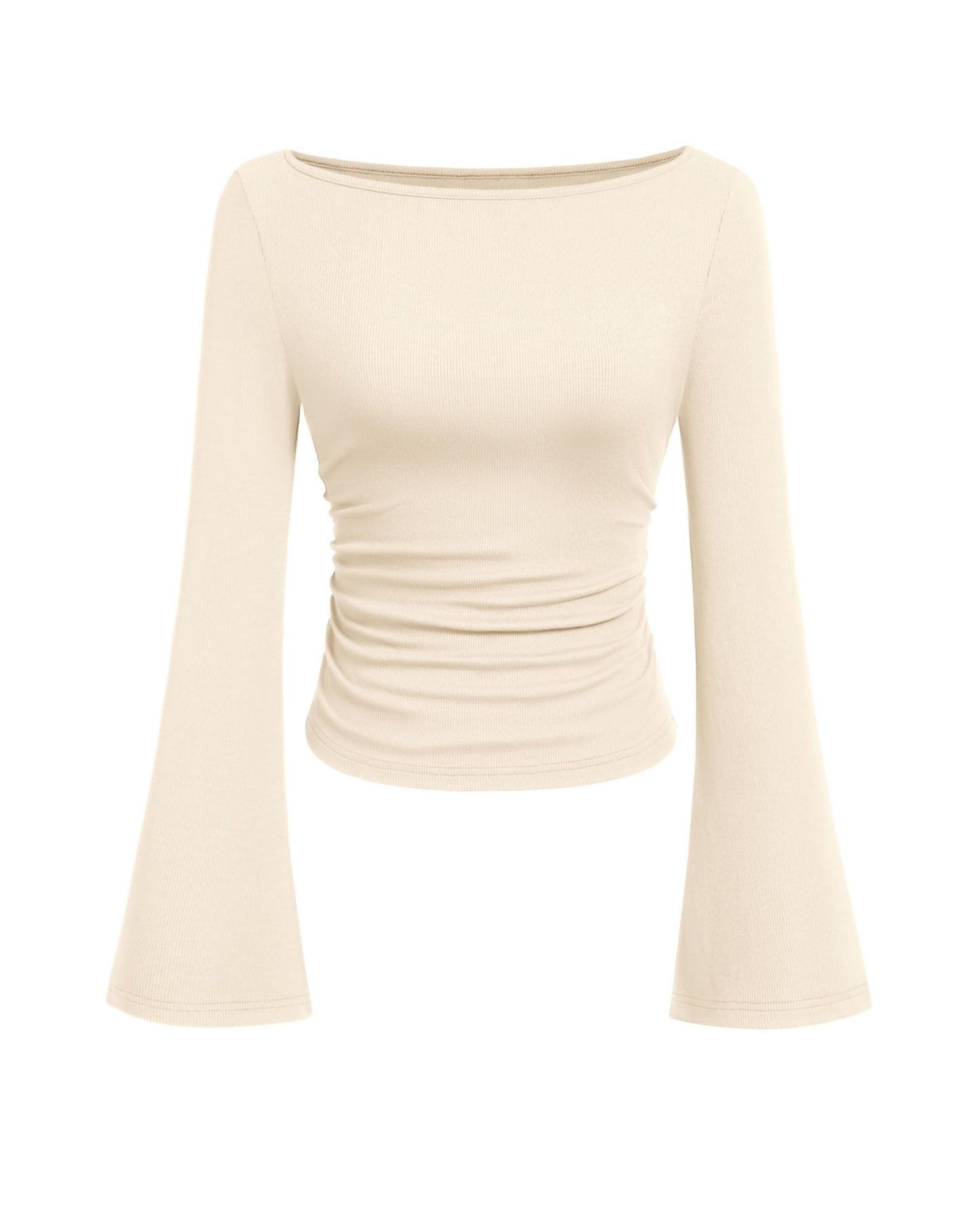 PRETTYGARDEN Women's Long Sleeve Shirts 2025 Fall Crop Going Out Tops Casual Boat Neck Bell Sleeve Ribbed Ruched Y2K Clothes