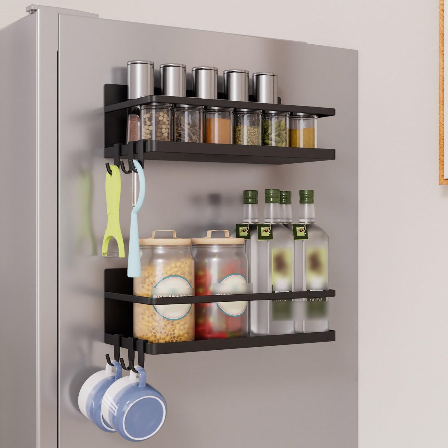 KMUZAWN Magnetic Spice Rack for Refrigerator, 2 Pack Magnetic Shelf, Fridge Magnet Organizer with Moveable 6 Hooks, Magnetic Fridge Shelf for Kitchen Organization and Storage(Black, 2 Pack)