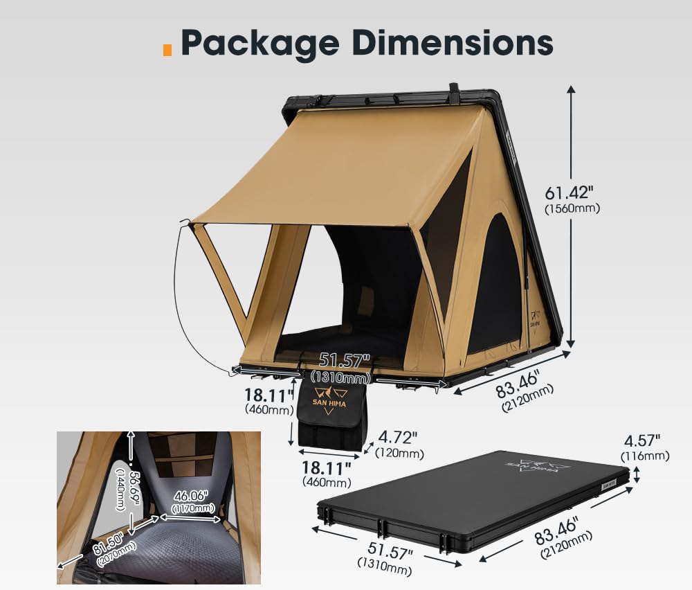 Sanhima Rooftop Tent Hard Shell - Hotham Lite Overland Aluminium Roof Top Tent 4.56" Slimline, w/Tri-Color LED Strip Light & 1.97” Thick Mattress, for Car SUV Truck Camping, 2-3 People Tent (Khaki)