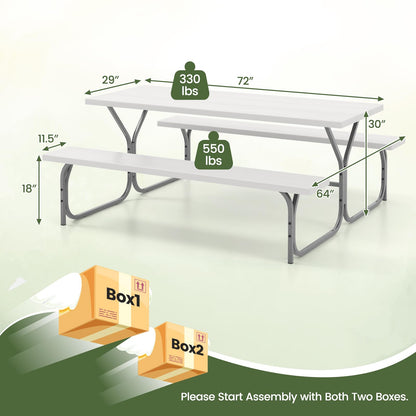 Giantex Picnic Table 6FT for 8 Person, Outdoor Table Set w/ 2 Benches, All-Weather HDPE Rectangular Tabletop, Heavy Duty Metal Legs, Umbrella Hole, for Patio Yard Lawn Party (White)