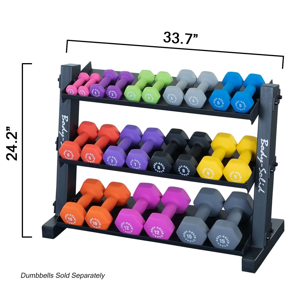 Body-Solid (GDR34B) 3-Tier Dumbbell Rack Storage for 12 Pairs Neoprene/Vinyl Dumbbells 1-15 lbs, Dumbell Weight Rack Stand Only, Commercial and Home Gym Strength Training Organizer