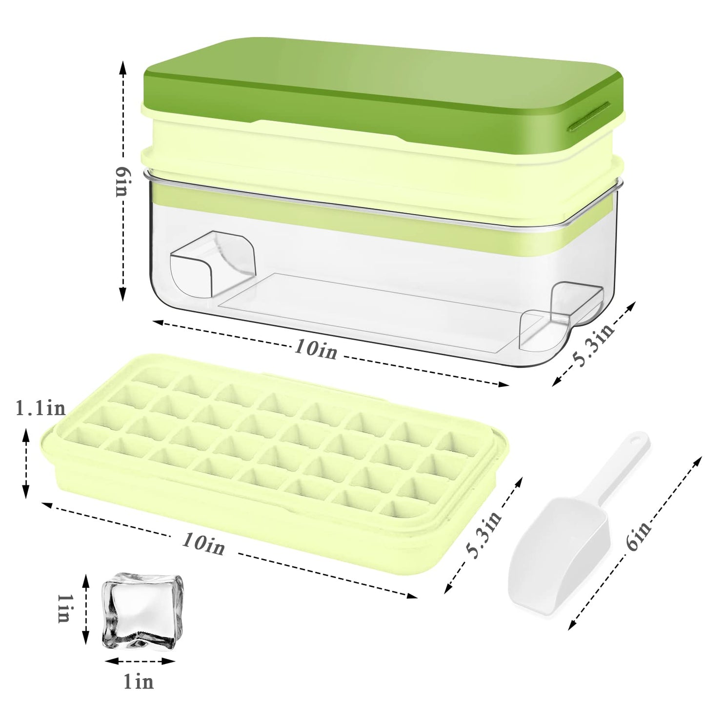 Ice Cube Tray with Lid and Bin, 64 pcs Ice Tray Kit with Ice Scoop, Ice Cube Pop Out Tray, Ice Cube Trays for Freezer, Ice Cube Molds, BPA Free, Easy Release Stackble Spill-Resistant ZZWILLB (Green)