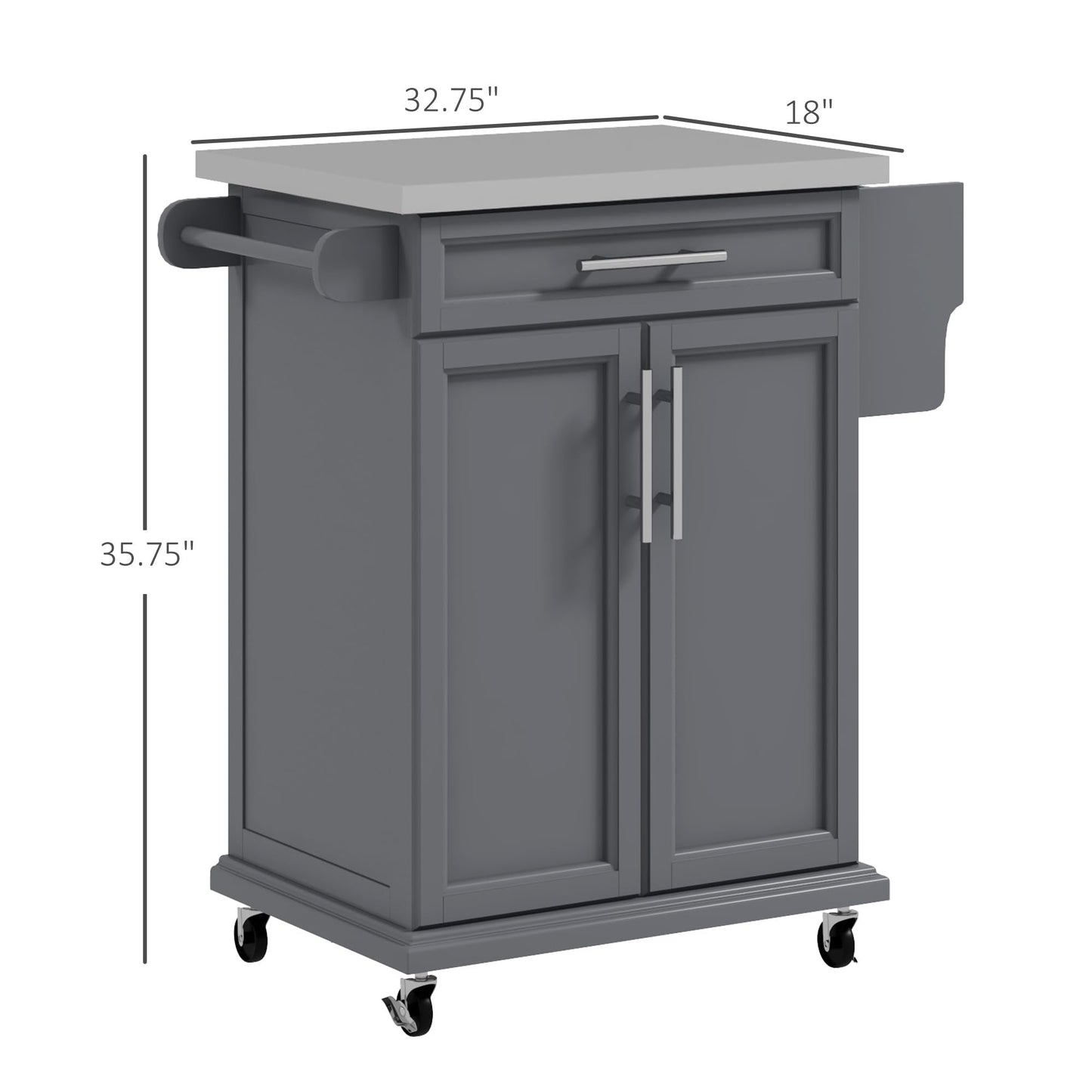 GOWE Kitchen Island on Wheels, Rolling Kitchen Cart with Stainless Steel Countertop, Drawer, Towel Rack and Spice Rack, Utility Storage Trolley, Gray