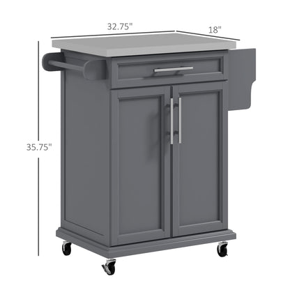 GOWE Kitchen Island on Wheels, Rolling Kitchen Cart with Stainless Steel Countertop, Drawer, Towel Rack and Spice Rack, Utility Storage Trolley, Gray