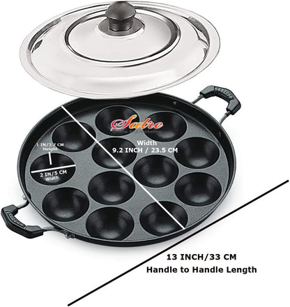 Satre Online Non-Stick Aluminium Appam Pan with Steel Lid, 12 Pits, Black & Silver