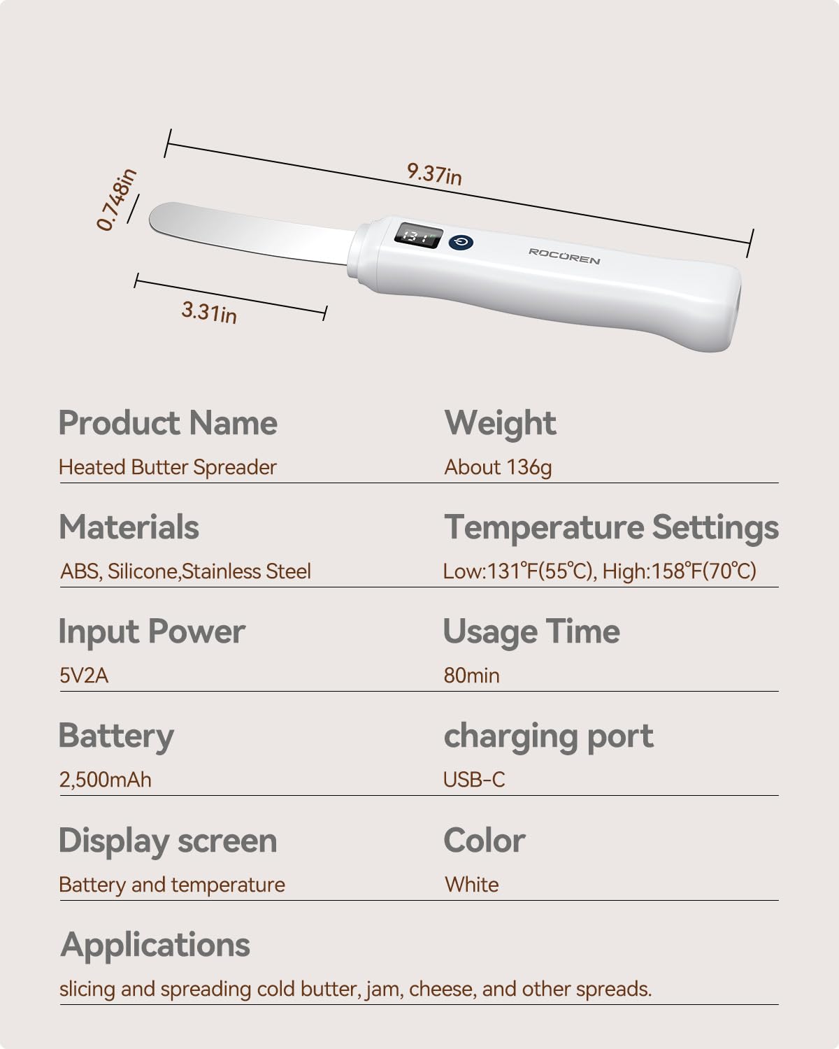 Rocoren Heating Butter Knife, 304 Stainless Steel Cold Butter Spreader,Real-time Smart Display Temp & Battery,Dual Temp Modes for Cheeses,Preserves,Other Spreads with Ease,for Kitchen,Restaurant,Party