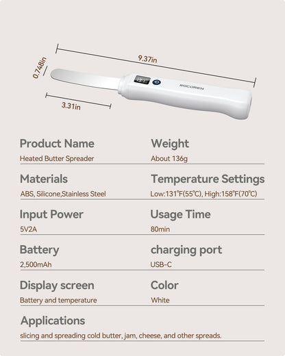 Rocoren Heating Butter Knife, 304 Stainless Steel Cold Butter Spreader,Real-time Smart Display Temp & Battery,Dual Temp Modes for Cheeses,Preserves,Other Spreads with Ease,for Kitchen,Restaurant,Party
