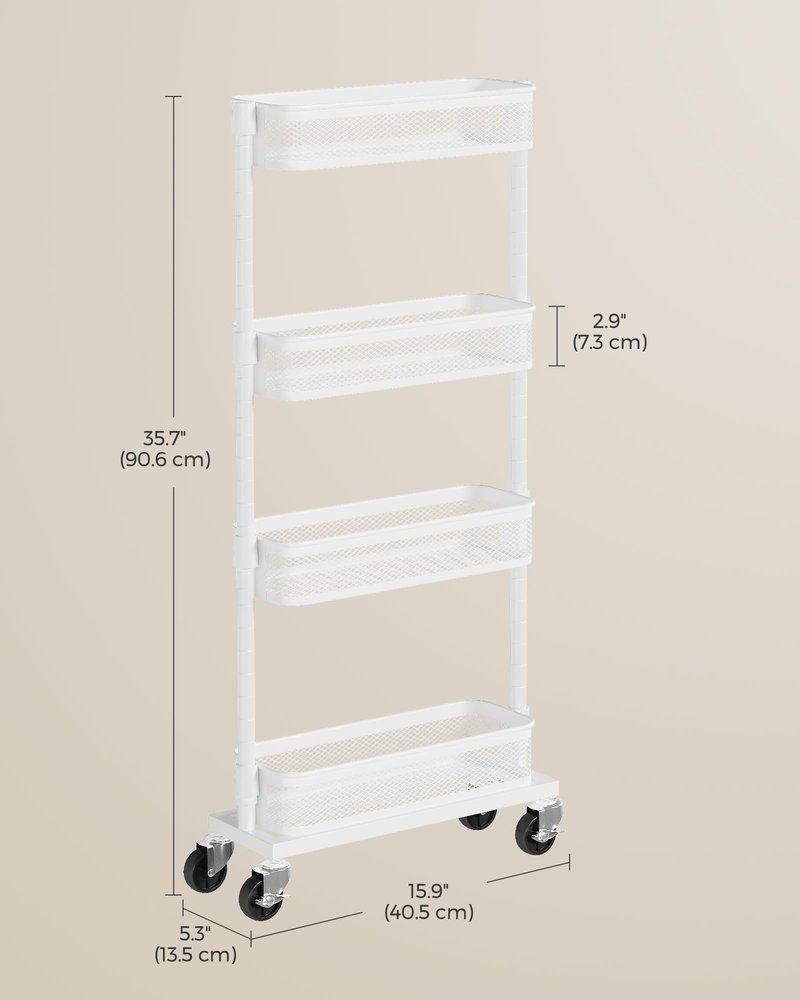 SONGMICS Slim Storage Cart, 4-Tier Metal Rolling Cart with Wheels, Flexible Baskets, Narrow Cart for Kitchen, Bathroom, Laundry Room, Easy Assembly, White UBSC065W01