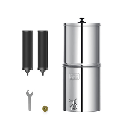 AQUA CREST Gravity Water Filter System, NSF/ANSI 42&372 Certified Black Carbon Filters, Reduce Lead and Up to 99% Chlorine, 2.25G, for Home, Camping, RVing, Off-Grid, Emergencies, AQ-TN-A