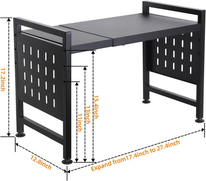 Extendable 2 Tier Microwave Oven Rack - Adjustable Shelf for Kitchen Countertop with 4 Hooks and Pot Lid Support