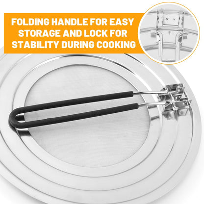 Stainless Steel Splatter Screen for Frying Pan, Collapsible Grease Splatter Guard with Folding Insulated Handle for Fry Pans, Cover Oil Splash from Bacon, Oil or Deep Fryer(SIZE:11.81inch)