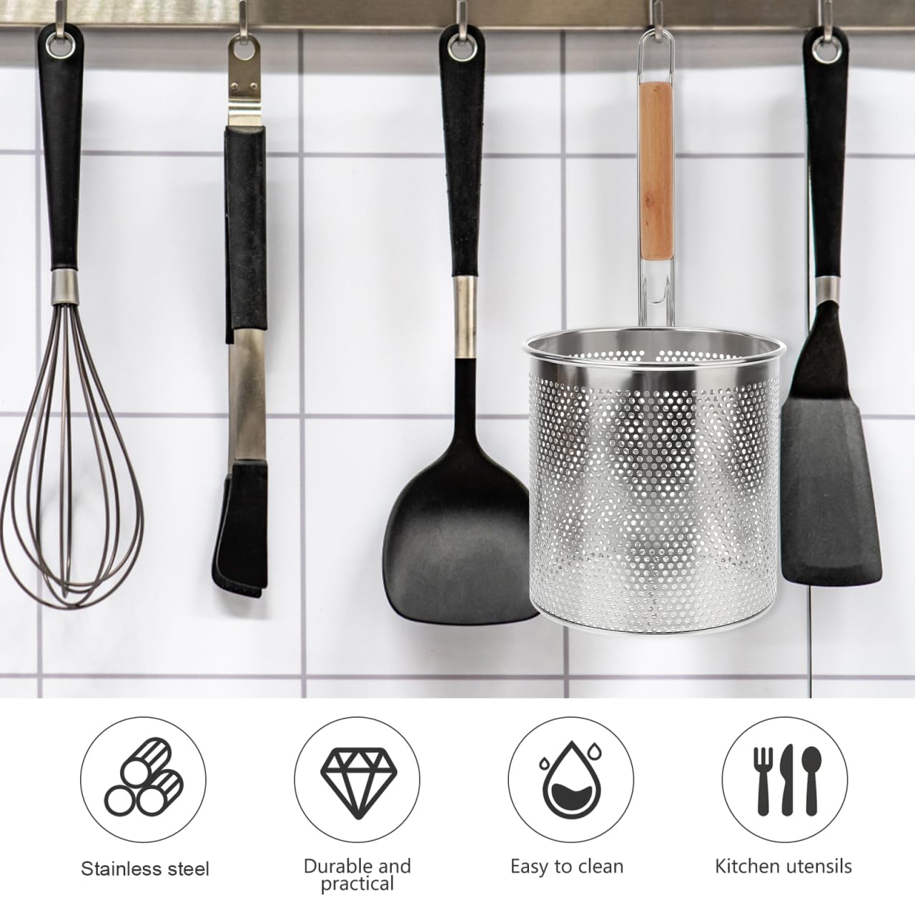 Angoily Mesh Pasta Strainer 1 Gal Stainless Steel 6.5" Deep Noodles Basket Hot Pot Colander with Wooden Handle 3.7L Boiling Spider Strainer for Cooking Dumpling Vegetable Food