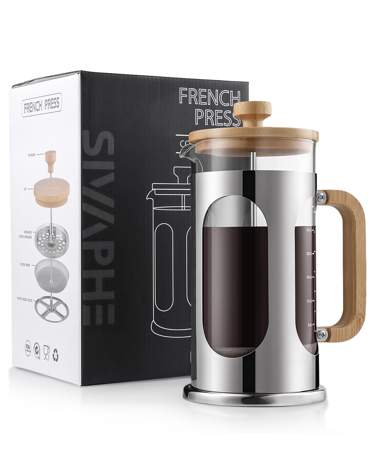 Sivaphe No-Plastic French Press Coffee Maker 34 oz, Borosilicate Glass Bamboo Lid and Handle Coffee Tea Press 8 cup, 1000ml Coffee Milk Forther with Stainless Steel Holder and Resuable Filters