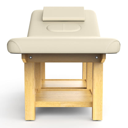 Wood Wide Stationary Massage Table for Treatment Table Physical Therapy Table Spa Facial Bed, PU Leather 31.5'' Wide 75'' Long Heavy Duty Professional Stationary Massage Bed - Beige Gray, 6-Legged
