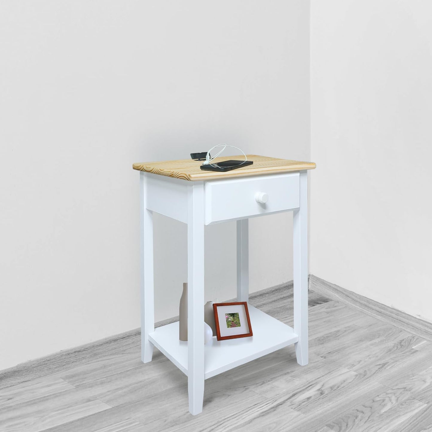 Casual Home Owl Night Stand with USB Port Charging Station and Drawer, 17.5" W x 14.25" D x 24.5" H, Natural Gray