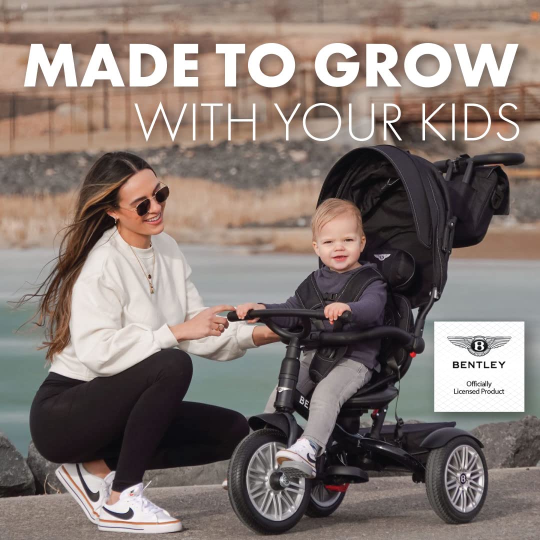 Bentley 6-in-1 Baby Stroller & Toddler Tricycle – Officially Licensed Luxury Kids Bike, Convertible Travel Strollers & Kid Trike with Air Wheels, Canopy & Safety Features (6m-5y+ | Onyx Black )