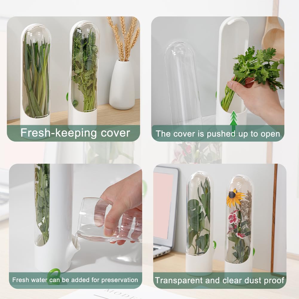 Ovrimelle 2 Pack Herb Keeper Container for Refrigerator, Clear Storage Bottle Fresh Storage Container for Cilantro Parsley Mint, Fresh Produce Saver, Extends Freshness for 2-3 Weeks