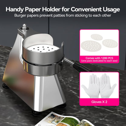 BOOROS Commercial Burger Patty Maker 3 in 1 Stainless Steel Burger Press 4/5/6 Inch Hamburger Press Patty Maker, Easy to Clean,Comes Equipped with 1200 Pcs Patty Papers for Beef Pork Chicken Patty