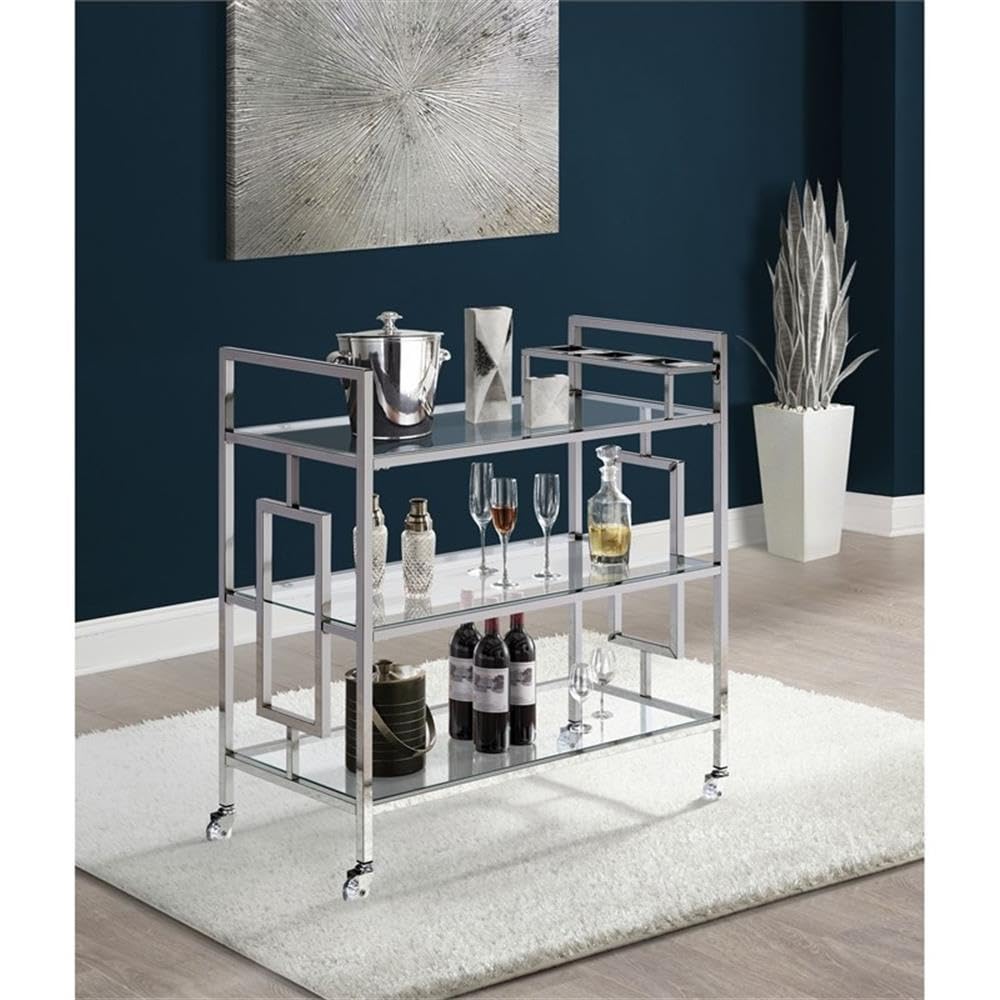 BOWERY HILL Contemporary Bar Cart, Clear Tempered Glass Shelves, 35" H x 33" W x 16" D, Chrome Finish, Modern Glam Design with Casters, Rectangular Serving Cart for Living or Dining Room Use