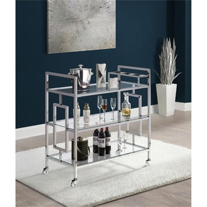 BOWERY HILL Contemporary Bar Cart, Clear Tempered Glass Shelves, 35" H x 33" W x 16" D, Chrome Finish, Modern Glam Design with Casters, Rectangular Serving Cart for Living or Dining Room Use