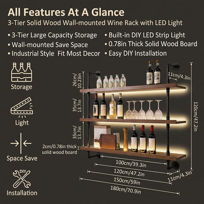 Solid Wood Wine Racks Wall Mounted with LED Lights, Modern Metal Wine Bottles Display Shelf, Industrial Iron Floating Lighted Bar Liquor Whiskey Shelves Rack for Home & Dining Room(150CM/59IN)