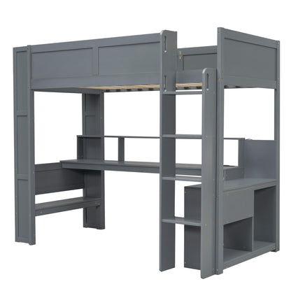 Ball & Cast Twin Size Gaming Loft Bed with Built-in Desk, LED and Charging Station,Wood Loft Bed Frame w/Multi-Storage Shelves,No Box Spring Needed,Ladder,for Kids,Teens,Adults,Dark Gray