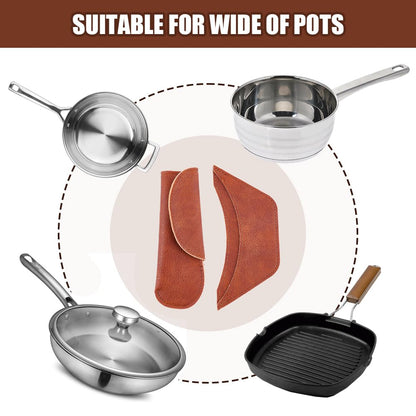 CALFOVERA 6PCS 2 Styles PU Leather Cast Iron Handle Cover Handmade Heat Resistant Frying Pan Assist Grip Sleeve Skillet Handle Cover Leather Hot Holder Sleeve for Kitchen Baking Cooking BBQ Cookwares