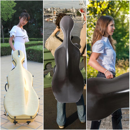 yinfente Carbon Fiber Cello Case 4/4 Full Size Hard Shell With Lock & Backpack Straps,Wheels 4.5 kg Lightweight Hard Case for Student Black