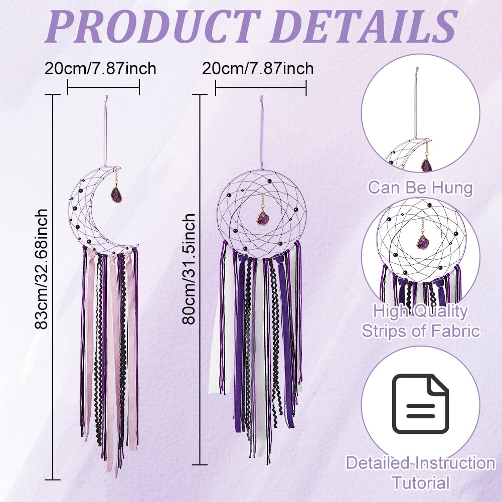 BEUNITONE DIY Purple Moon Lace Gothic Dream Catcher kit 2 Set Boho Large Half Circle Handmade Dream Catcher Kit with Purple Agate for Wall Decor Women Gift Moon Sun DIY Gifts for Bedroom Christmas