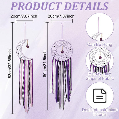 BEUNITONE DIY Purple Moon Lace Gothic Dream Catcher kit 2 Set Boho Large Half Circle Handmade Dream Catcher Kit with Purple Agate for Wall Decor Women Gift Moon Sun DIY Gifts for Bedroom Christmas