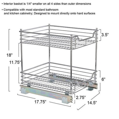 Household Essentials Glidez Multipurpose Chrome-Plated Steel Pull-Out/Slide-Out Storage Organizer for Under Cabinet Use - 2-Tier Design - Fits Standard Size Cabinet or Shelf, Chrome