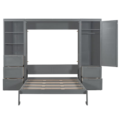 Merax Murphy Bed Queen Size, Built-in Shelves, Storage Drawers and Wardrobe, Wood Folding Wall Bedframe for Guest Room, Home Office, Grey