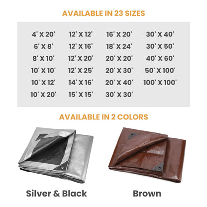 WHITEDUCK Super Heavy Duty Poly Tarp Cover 16 Mil & 10 Mil with Grommets and Reinforced Edges (Brown, White & Silver Black) (Brown- 16 Mil, 40' x 60')