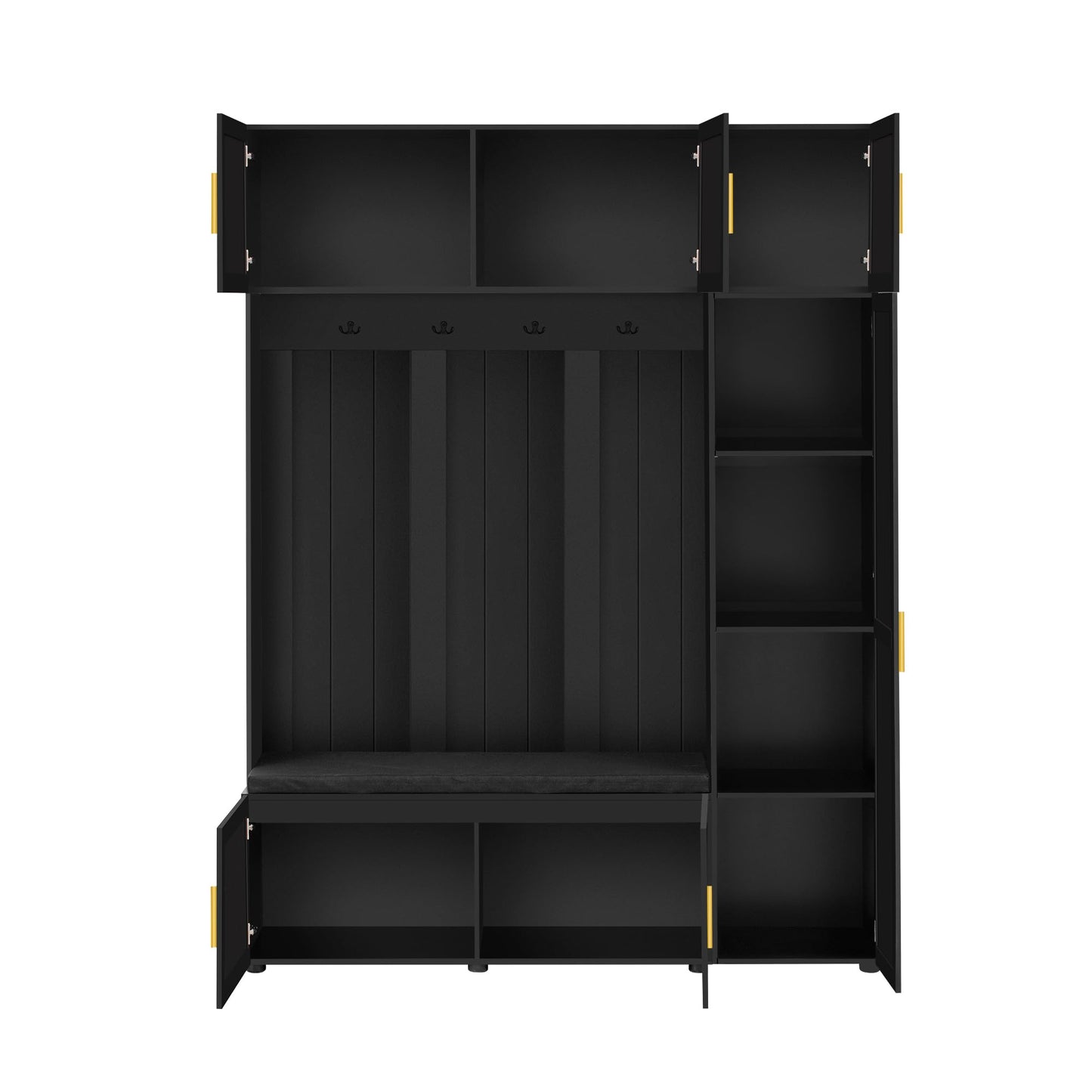 Shaical Hall Tree with Padded Bench and Shoe Storage, 4-in-1 Entryway Bench with Multi-Tier Storage Shelves & Cabinets, 4 Hooks, 79.7" H Wooden Storage Organizer for Entrance, Hallway, Mudroom, Black