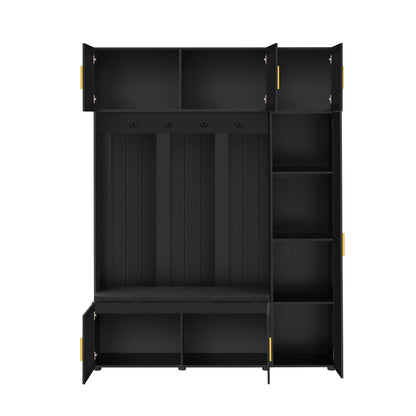 Shaical Hall Tree with Padded Bench and Shoe Storage, 4-in-1 Entryway Bench with Multi-Tier Storage Shelves & Cabinets, 4 Hooks, 79.7" H Wooden Storage Organizer for Entrance, Hallway, Mudroom, Black