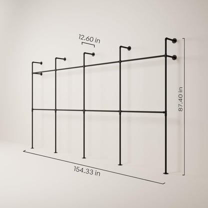 pamo Industrial Pipe Clothing Rack – Wall Mounted Black Closet System in Powder-Coated Steel – 154.33" W × 87.4" H – Easy Setup – Ideal for Walk-In Closets & Retail Use