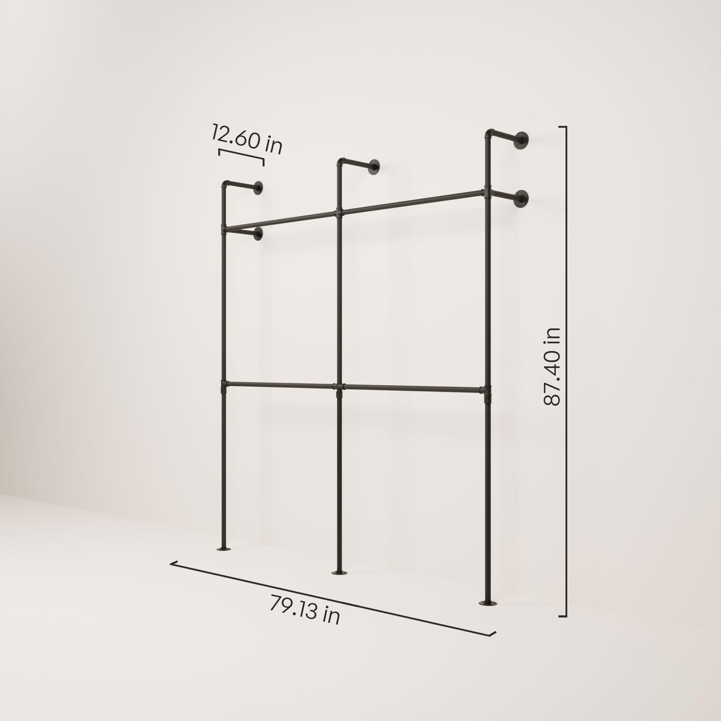 pamo Industrial Pipe Clothing Rack – Wall Mounted Black Closet System in Powder-Coated Steel – 79.13" W × 87.4" H – Easy Setup – Ideal for Walk-In Closets & Retail Use