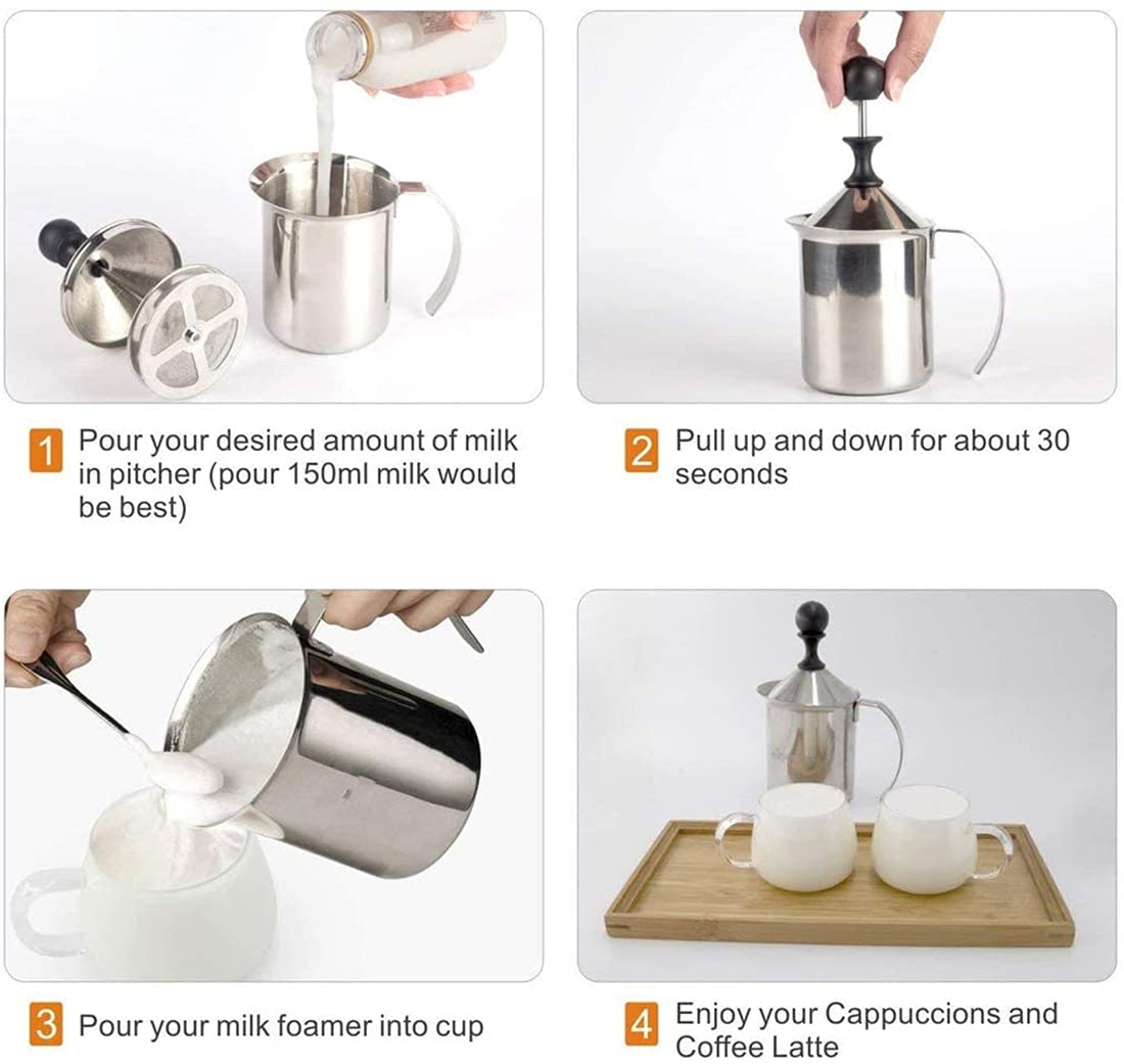 Sindh Stainless Steel Manual Milk Frother, Hand Pump Milk Foamer with Filter Screen for Cappuccino Coffee Latte Hot Chocolate, 14-Ounce Capacity (400ml)