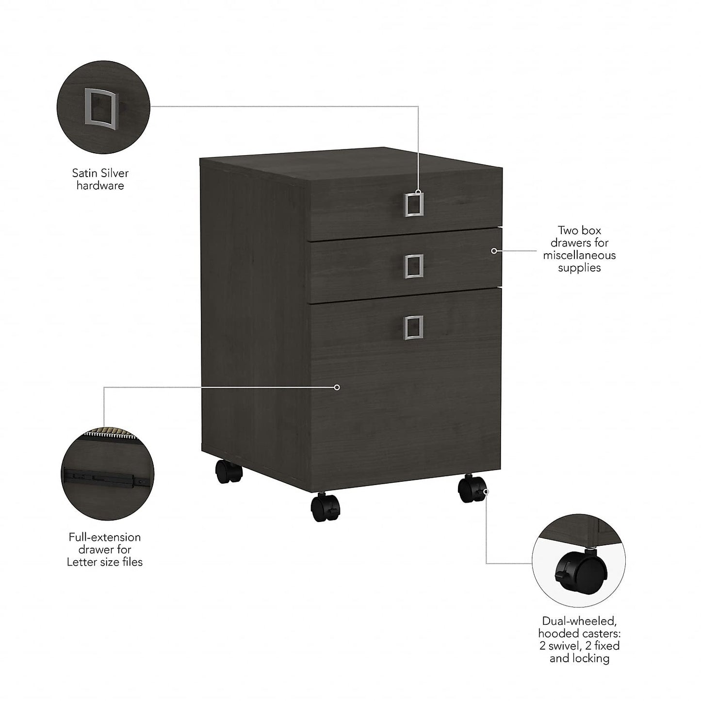 Bush Business Furniture Echo 3 Drawer Mobile File Cabinet in Charcoal Maple