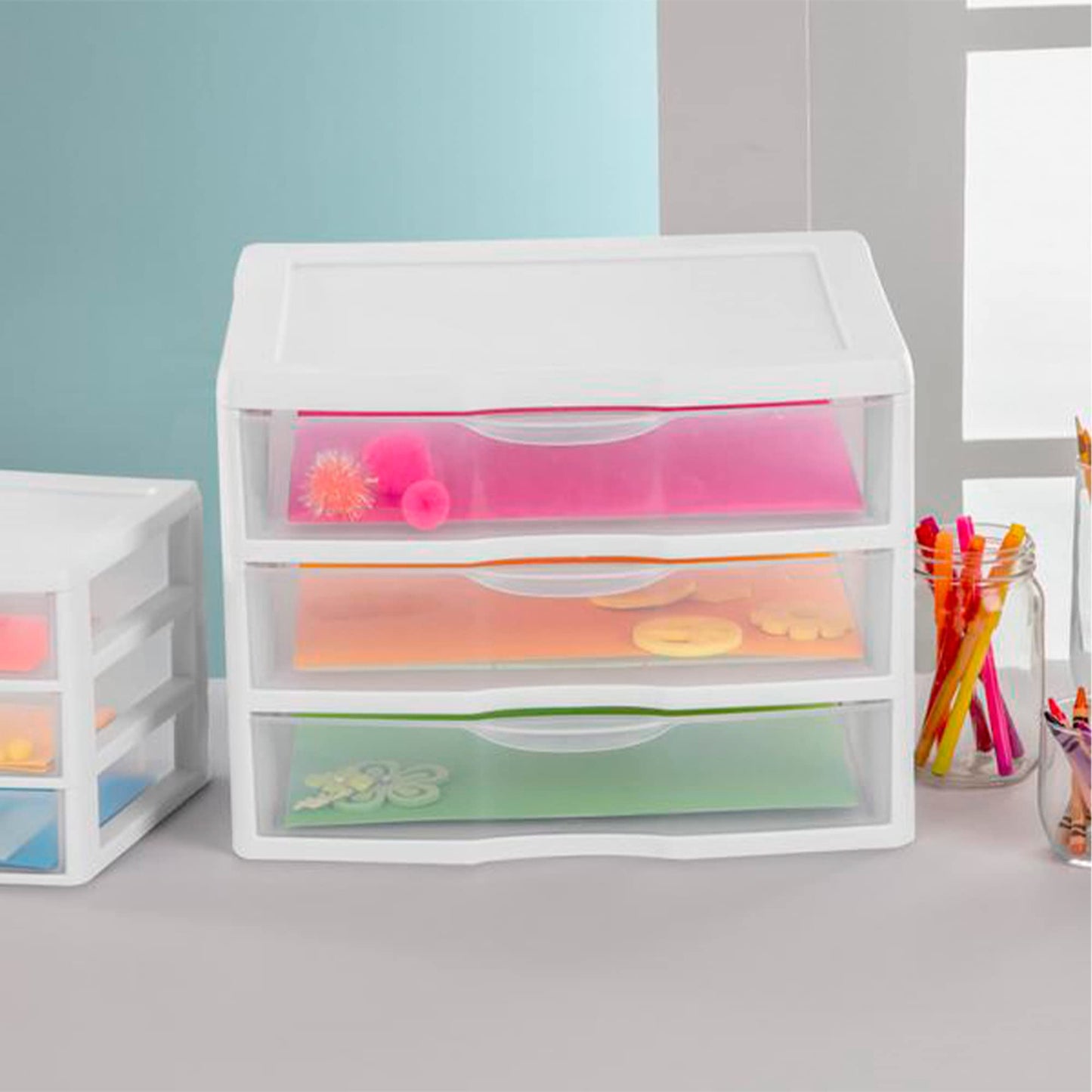 Sterilite 12-Pack Wide 3 Drawer Unit, Plastic Desktop Organizer with Clear Drawers, White Frame - Stackable Multi-Purpose Storage for Office Supplies, Craft Rooms, Classrooms and Home Organization