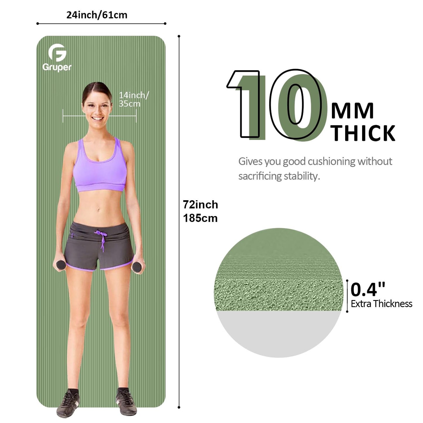 Yoga Mat Non Slip NBR Thick Yoga Mat, 72"L x 32"/24"W x 0.6"/0.4"TH (185cm x 80cm/61cm x 15mm/10mm), Anti-Tear Exercise Mat with Carrying Strap and Bag, Workout Mats for Yoga, Pilates, Floor Exercises