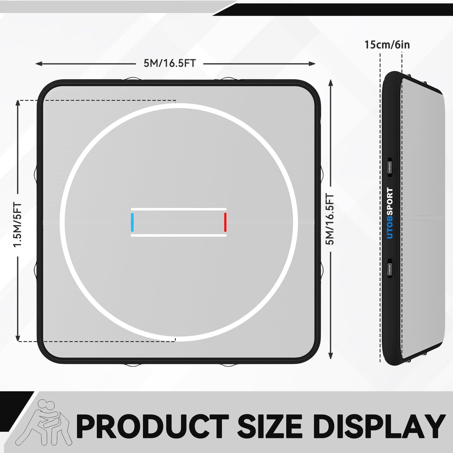 Inflatable Wrestling Mat 16.5x16.5FTx6"Thick, Jiu Jitsu Mats, PVC Landing Training Mat Foldable for Home Gym BJJ, MMA, Martial Art, Boxing, Grappling and Judo (Grey Black)
