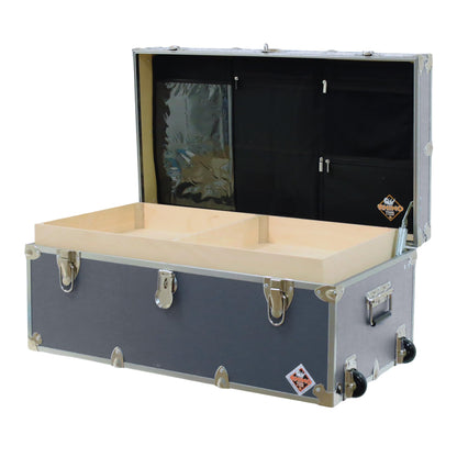 Rhino Trunk & Case Small Essential Trunk With Wheels, Tray, & Lid Organizer - 30"x17"x13", 1000+ lbs Capacity. Strong, USA Made Summer Camp Footlocker, and Secure College Dorm Storage Chest