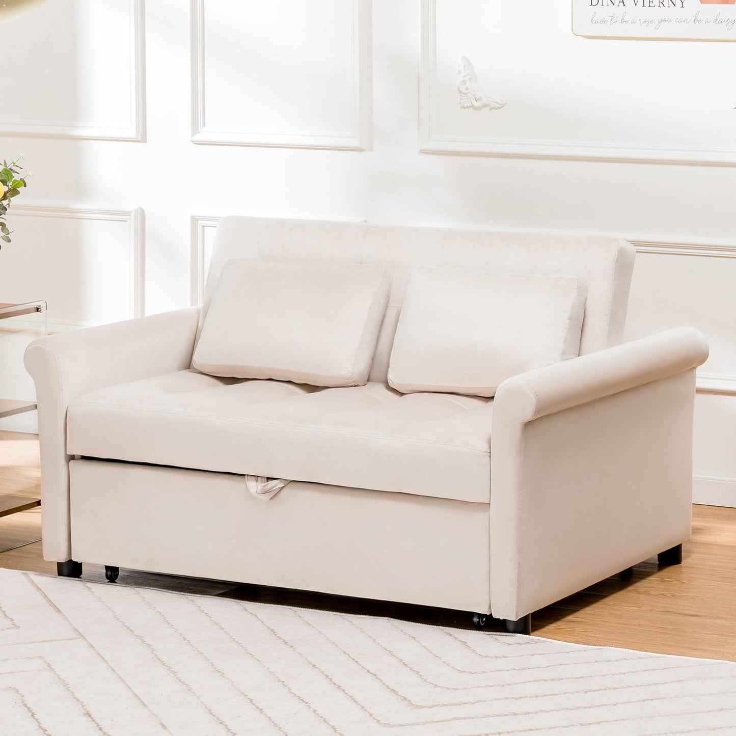 COMHOMA Convertible Sofa Bed,55" Sleeper Sofa Bed,3-in-1 Pull Out Couch Bed with Reclining Backrest and Pillows,Convertible Sleeper Loveseat for Living Room(White)