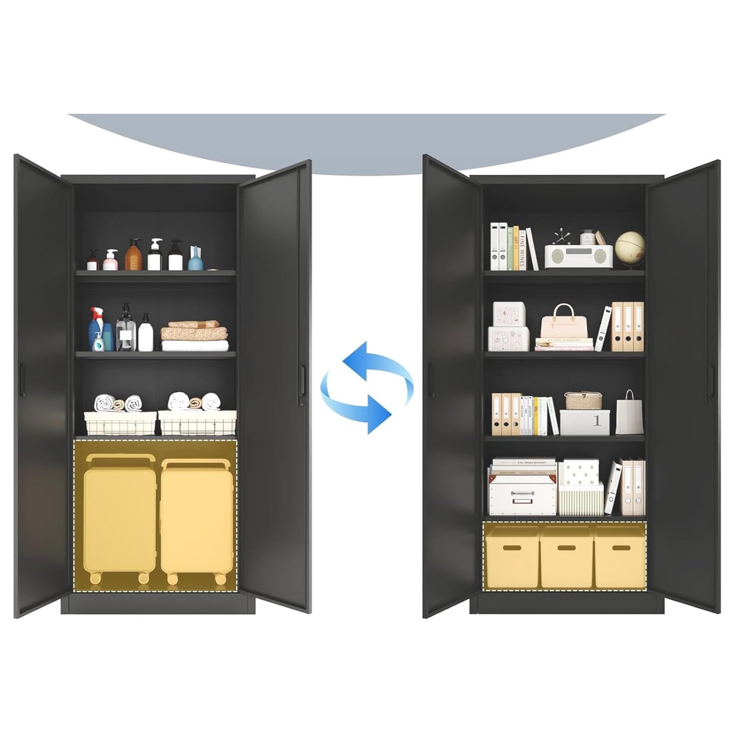71" Metal Storage Cabinet with Doors, Lock and 4 Adjustable Shelves, Tall Pantry Cabinet for Garage, Office, Bedroom, Shop, Craft Room, Steel Storage Organizer with Adjustable Feet,Black