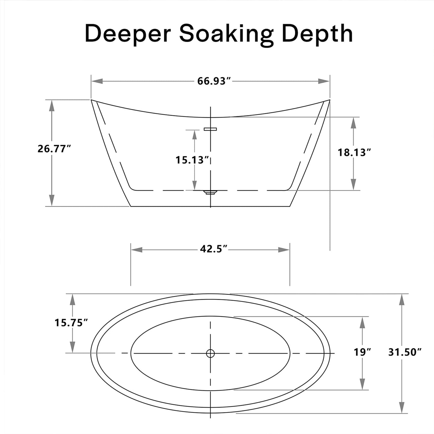 67" Luxury Freestanding Bathtub - Deep Soak Acrylic Tub for Master Bathroom, Modern Standalone Shower Tub with Overflow Drain, Non-Slip Flat Bottom Design, Spa Experience at Home,cUPC Certified