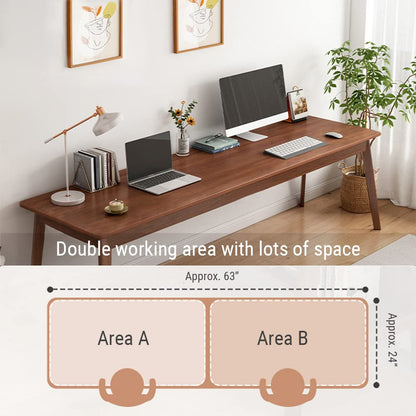 NELYE Mid-Century Long Desk Table - 63" Simple Modern Extra Long 2-Person Wood Computer Workstation for Home Office Work in Walnut, 63" W x 24" D
